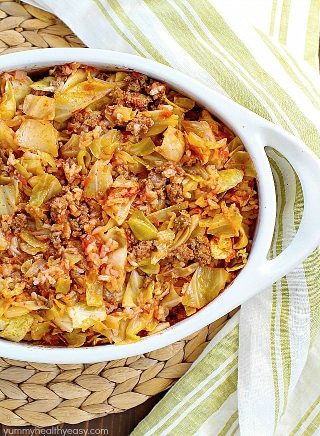 Cabbage Roll Casserole is much easier than making traditional cabbage rolls! This yummy casserole is slowly baked and full of ground beef, rice and cabbage in a light tomato sauce. Hearty, simple to make and delicious!