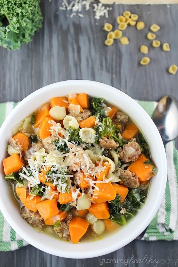 Sweet Potato & Sausage Soup | Comforting, hearty and delicious soup filled with sweet potatoes, sausage, kale and small shell pasta. Perfect dinner on a cold fall or winter evening! Hearty and delicious soup filled with sweet potatoes, sausage, kale and little pasta shells.