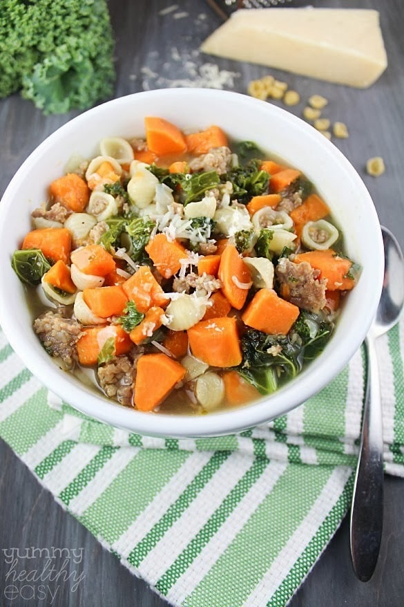 Sweet Potato & Sausage Soup | Comforting, hearty and delicious soup filled with sweet potatoes, sausage, kale and small shell pasta. Perfect dinner on a cold fall or winter evening! Hearty and delicious soup filled with sweet potatoes, sausage, kale and little pasta shells.