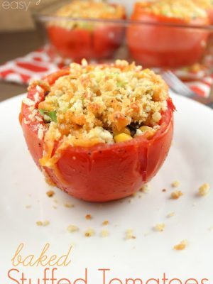 stuffed full of corn, black beans, breadcrumbs, jalapeño, cheese and plain deliciousness. You will love serving these Baked Stuffed Tomatoes with your next meal.