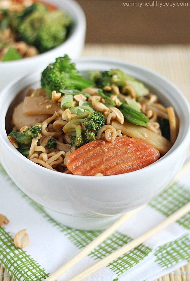 A new spin on ramen noodles - Chicken Thai Noodle Bowls! Ramen noodles and stir-fry veggies tossed in a quick & easy peanut sauce and topped with chopped peanuts and green onions. Bye bye boring ramen! A new spin on ramen noodles - Chicken Thai Noodle Bowls! Ramen noodles and stir-fry veggies tossed in a quick & easy peanut sauce and topped with chopped peanuts and green onions. Bye bye boring ramen!