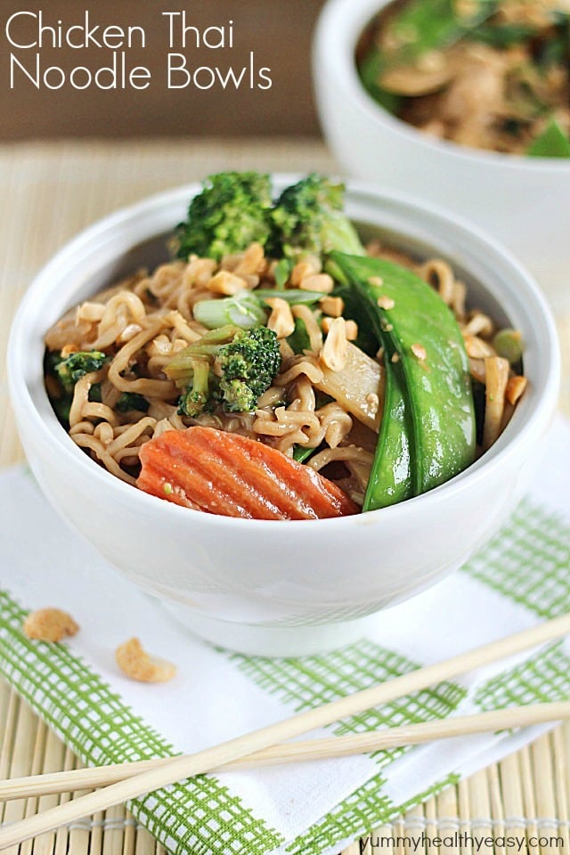 Chicken Thai Noodle Bowls A new spin on ramen noodles - Chicken Thai Noodle Bowls! Ramen noodles and stir-fry veggies tossed in a quick & easy peanut sauce and topped with chopped peanuts and green onions. Delicious!