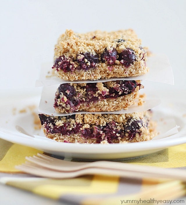 Skinny Blueberry Crumble Bars - a light crust, a layer of blueberries and a crumble topping. So delicious!
