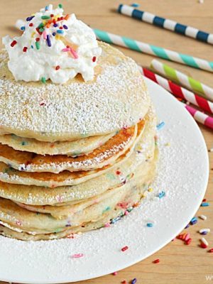 EASY and festive Funfetti Pancakes from scratch! These are perfect for celebrating someone special's Birthday…or just because!