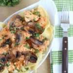 Healthy and creamy chicken stroganoff (made using yogurt) and served over egg noodles.