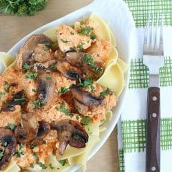 Healthy and creamy chicken stroganoff (made using yogurt) and served over egg noodles.
