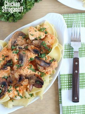 Healthy and creamy chicken stroganoff (made using yogurt) and served over egg noodles.