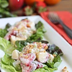 Lightened Waldorf Salad on lettuce leaves on a white plate.