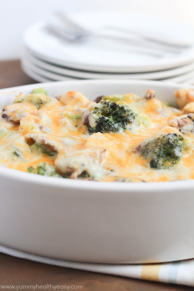 This healthy casserole is filled with chicken, broccoli and mushrooms in a light & creamy sauce. Your family will love it! This healthy casserole is filled with chicken, broccoli and mushrooms in a light & creamy sauce. Your family will love it!