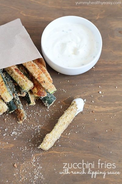 Package of Baked Zucchini Fries with a side of yummy ranch dipping sauce.