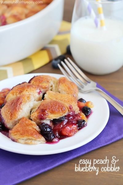 A quick and easy version of a classic cobbler by using refrigerated biscuits to create an easy topping over fresh peaches and blueberries. So delicious and EASY!