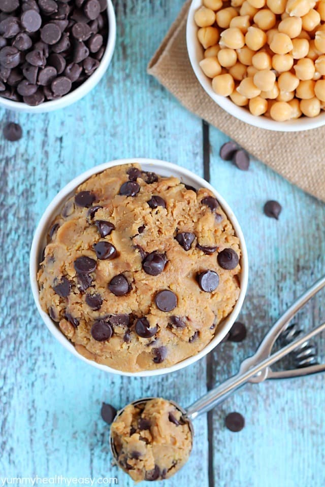 Healthy Eggless Cookie Dough - no-bake cookie dough you can eat with a spoon! It's made from a secret ingredient... garbanzo beans! #glutenfree #dairyfree #vegan