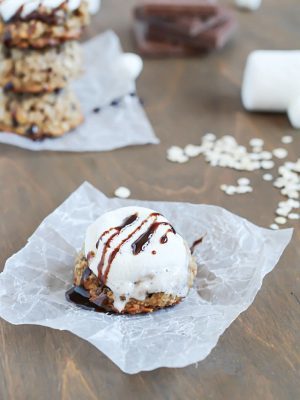 Moist and chewy oatmeal cookies with graham crackers and chocolate pieces inside and an ooey gooey marshmallow cooked on the top!