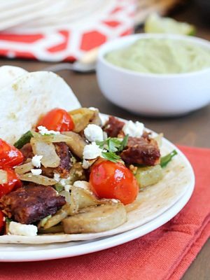 Roasted Vegetable & Black Bean Tacos served with Avocado Crema. Healthy, meatless and delicious! #ad #morningstarfarms