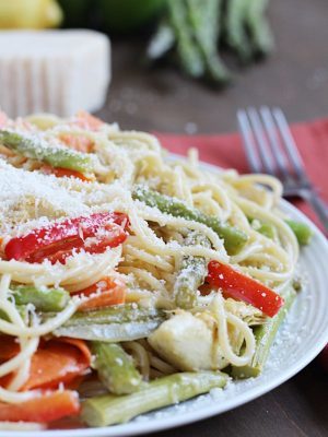 Pasta Primavera lightened up and filled with veggies for a healthy and light meatless dinner!