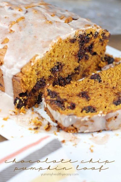 Chocolate Chip Pumpkin Loaf - so moist and delicious, with a spiced glaze drizzled over the top. Best pumpkin bread ever!
