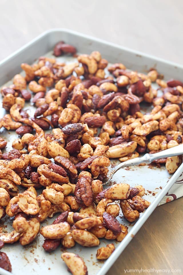 Healthy Spiced Nuts - perfect football-watching snack! Mixed nuts baked with spices to make the perfect salty/sweet treat.