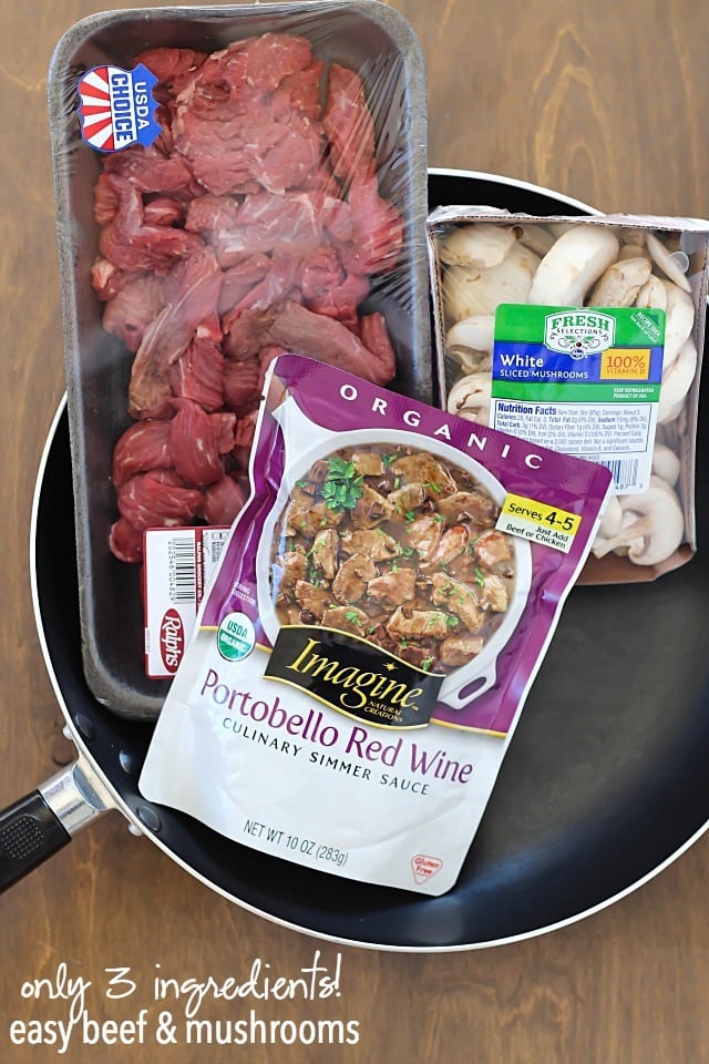 Quick & Easy Beef and Mushrooms recipe, cooked in one pot and in 15 minutes! Perfect comfort food dinner for a busy night, using only 3 ingredients.