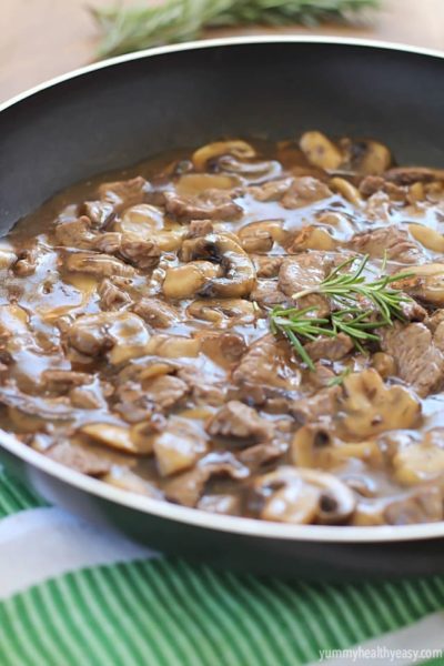 Quick & Easy Beef and Mushrooms recipe, cooked in one pot and in 15 minutes! Perfect comfort food dinner for a busy night, using only 3 ingredients.