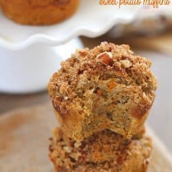 Gluten Free Sweet Potato Muffins (with cranberry sauce inside, too- perfect fall breakfast!) topped with a brown sugar-nut topping. So moist & delicious!