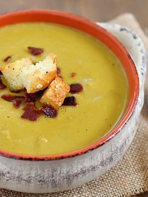 Split Pea Soup with Bacon and Homemade Parmesan Croutons! So flavorful and delicious!