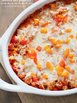 Casserole dish filled with deconstructed stuffed peppers.