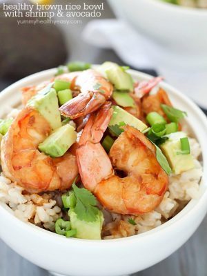 Healthy Brown Rice Bowl with Shrimp & Avocado with a delicious sauce - a light and easy dinner that will satisfy and taste great! PLUS a $500 Giveaway for Paypal cash or Amazon Gift Card!