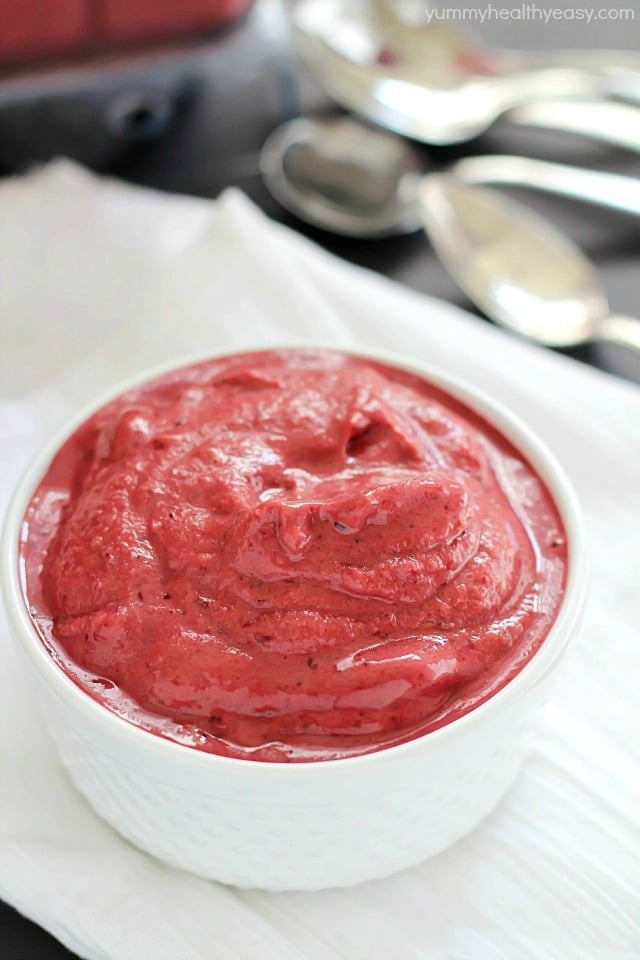 Want dessert but don't want all the calories? Here's a perfect low calorie, healthier solution - quick & easy blender sorbet! Only 2 main ingredients + a blender = easy cherry blender sorbet (aka heaven in a bowl). I make this ALL the time - it doesn't get any easier than this!