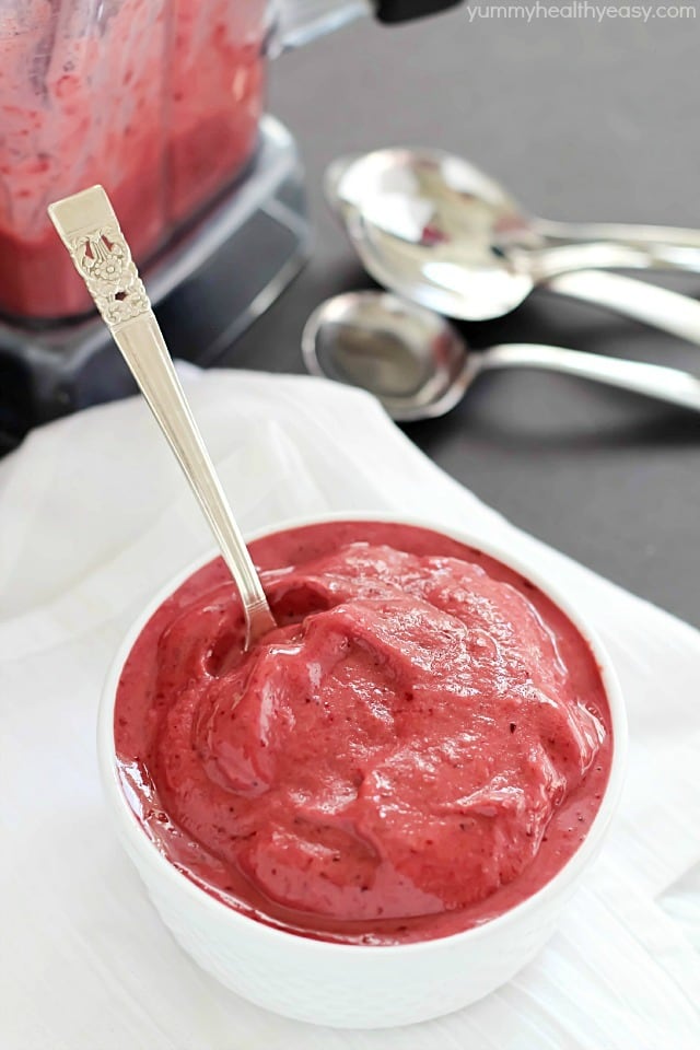 Want dessert but don't want all the calories? Here's a perfect low calorie, healthier solution - quick & easy blender sorbet! Only 2 main ingredients + a blender = easy cherry blender sorbet (aka heaven in a bowl). I make this ALL the time - it doesn't get any easier than this!
