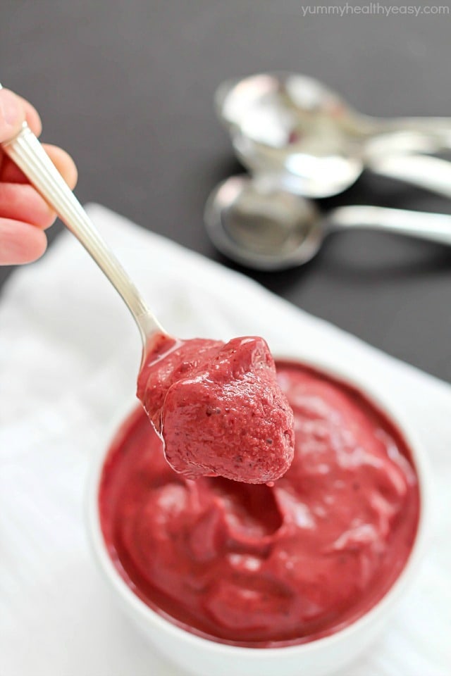 Want dessert but don't want all the calories? Here's a perfect low calorie, healthier solution - quick & easy blender sorbet! Only 2 main ingredients + a blender = easy cherry blender sorbet (aka heaven in a bowl). I make this ALL the time - it doesn't get any easier than this!