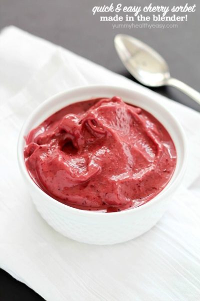 Want dessert but don't want all the calories? Here's a perfect low calorie, healthier solution - quick & easy blender sorbet! Only 2 main ingredients + a blender = easy cherry blender sorbet (aka heaven in a bowl). I make this ALL the time - it doesn't get any easier than this!