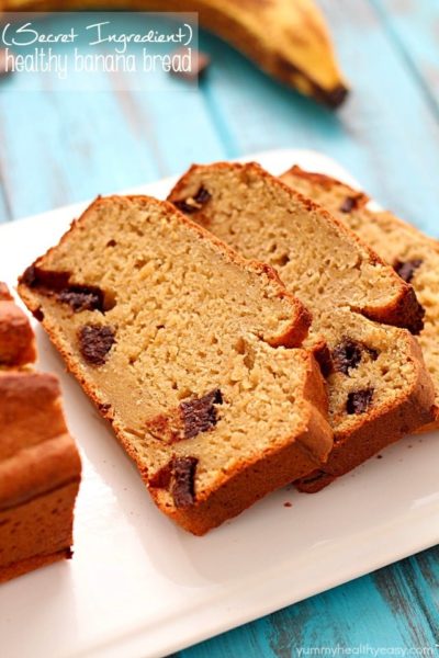 Healthy Banana Bread recipe made with a secret ingredient ;) and all in the food processor! It's moist, decadent and perfect for using up those ripe bananas laying on your counter.
