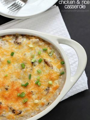 Easy Skinny Chicken and Rice Casserole using NO cream soups and made in about 30 minutes! Put this on your dinner menu - you will love this easy meal!