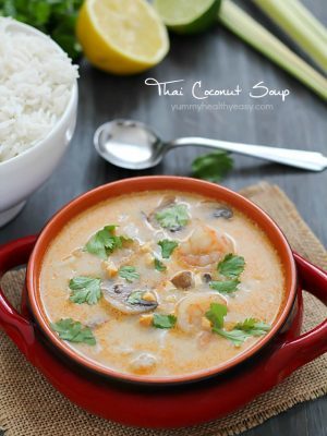 Make your favorite Thai take-out at home with this Thai Coconut Soup. A crazy delicious coconut broth with shrimp, mushrooms and rice - it's comfort food at its finest!