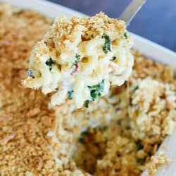 A flavorful Baked Macaroni and Cheese Casserole with bacon & kale and a crushed cracker topping. Comforting and delicious! #ad #ChoppedAtHome