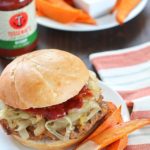 Get ready for the most flavorful spicy turkey burgers with a slathering of caramelized onions on top! Serve with a side of oven baked sweet potato fries (wedges) dipped in a spicy mayo sauce - absolutely divine! #ad