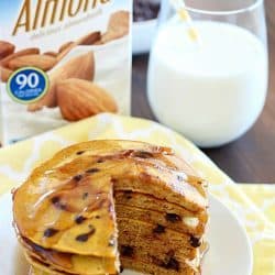 Flavorful pancakes full of pumpkin and chocolate chips that are also whole wheat and dairy-free! My family ate all of these and I had to make a second batch!