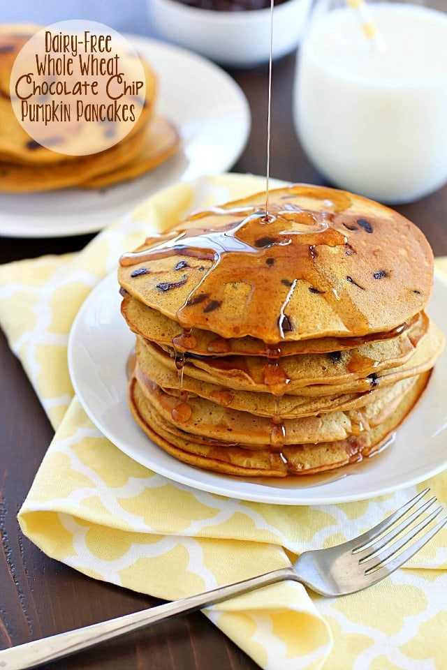 Flavorful pancakes full of pumpkin and chocolate chips that are also whole wheat and dairy-free! My family ate all of these and I had to make a second batch!