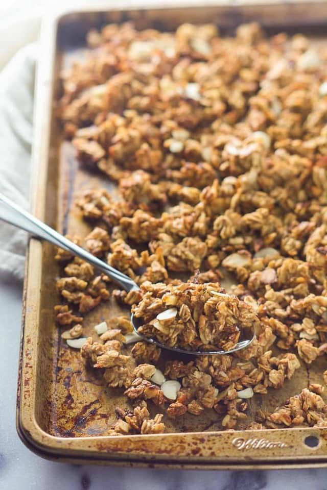 Vanilla Almond Macaroon Granola is a blend of toasted coconut, almonds and honey that tastes like you are eating a vanilla macaroon cookie!