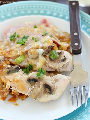 Chicken Cordon Bleu Casserole is an easy dinner recipe, cooked in one pan! Just layer in one dish and bake. So easy and so delicious! A great comfort food dinner for the whole family! AD