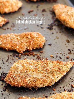 Healthy Baked Chicken Fingers with an almond-herb crust. These are my go-to easy dinner idea and my favorite way to eat chicken! They're incredibly flavorful and delicious! AD