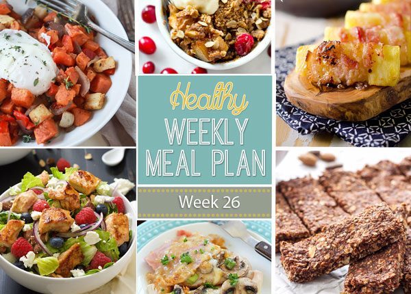 Healthy Weekly Meal Plan #26 is full of healthy comfort food dishes, and even a breakfast, lunch, side dish, snack and dessert recipe too!