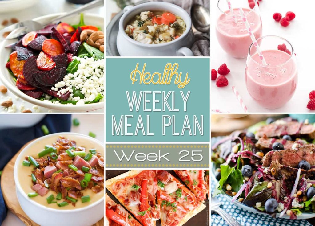 Healthy Weekly Meal Plan #25 is probably one of my favorite yet! Get a new dinner recipe every day plus a breakfast, lunch, side dish and even a healthy dessert recipe thrown in. You can eat healthy by using our healthy weekly menu plan!