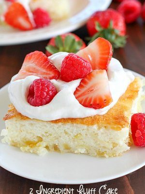 Fluff Cake is a delicious fat-free, low-calorie dessert with only TWO easy ingredients! It's the easiest dessert to make and comes out fluffy and light. Great served with fruit and whipped topping. :)