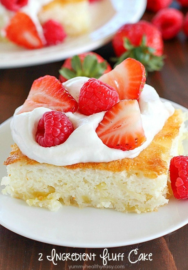 Fluff Cake is a delicious fat free, low calorie dessert with only TWO ingredients! It’s the easiest dessert to make and comes out fluffy and light. Great served with fruit and whipped topping.
