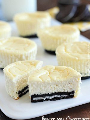 Mini Cheesecakes with an Oreo crust! This lighter recipe is absolutely delicious and super easy to make. Only a few ingredients & whipped up in a matter of minutes. With less calories than a regular cheesecake + built-in portion control with the muffin tin! These are a dessert worthy of guests or just for fun.