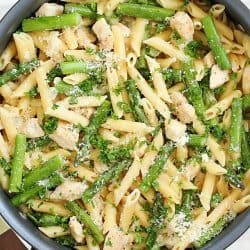Creamy One-Pot Chicken Asparagus Pasta! Cooked in a creamy sauce and cooked from start to finish in only ONE pan. It's so simple and so easy plus the clean up is a breeze. It's perfect for spring and your busy schedule!