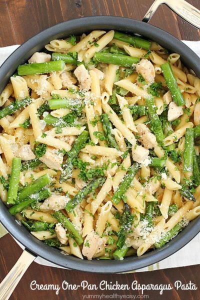 Creamy One-Pot Chicken Asparagus Pasta! Cooked in a creamy sauce and cooked from start to finish in only ONE pan. It's so simple and so easy plus the clean up is a breeze. It's perfect for spring and your busy schedule!