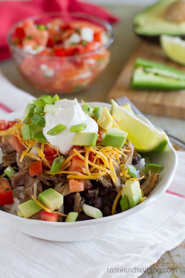 Pork Carnitas Burrito Bowls by Taste and Tell