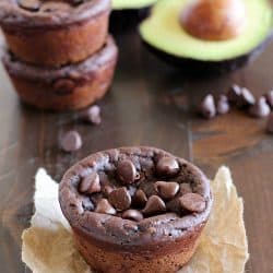 Avocado Muffins. With Chocolate. That are fudgy. Yessiree! Fudgy Chocolate Avocado Muffins that are eggless and only 188 calories so you feel like you're eating dessert for breakfast! Hint: you can't taste the avocado at all! AD